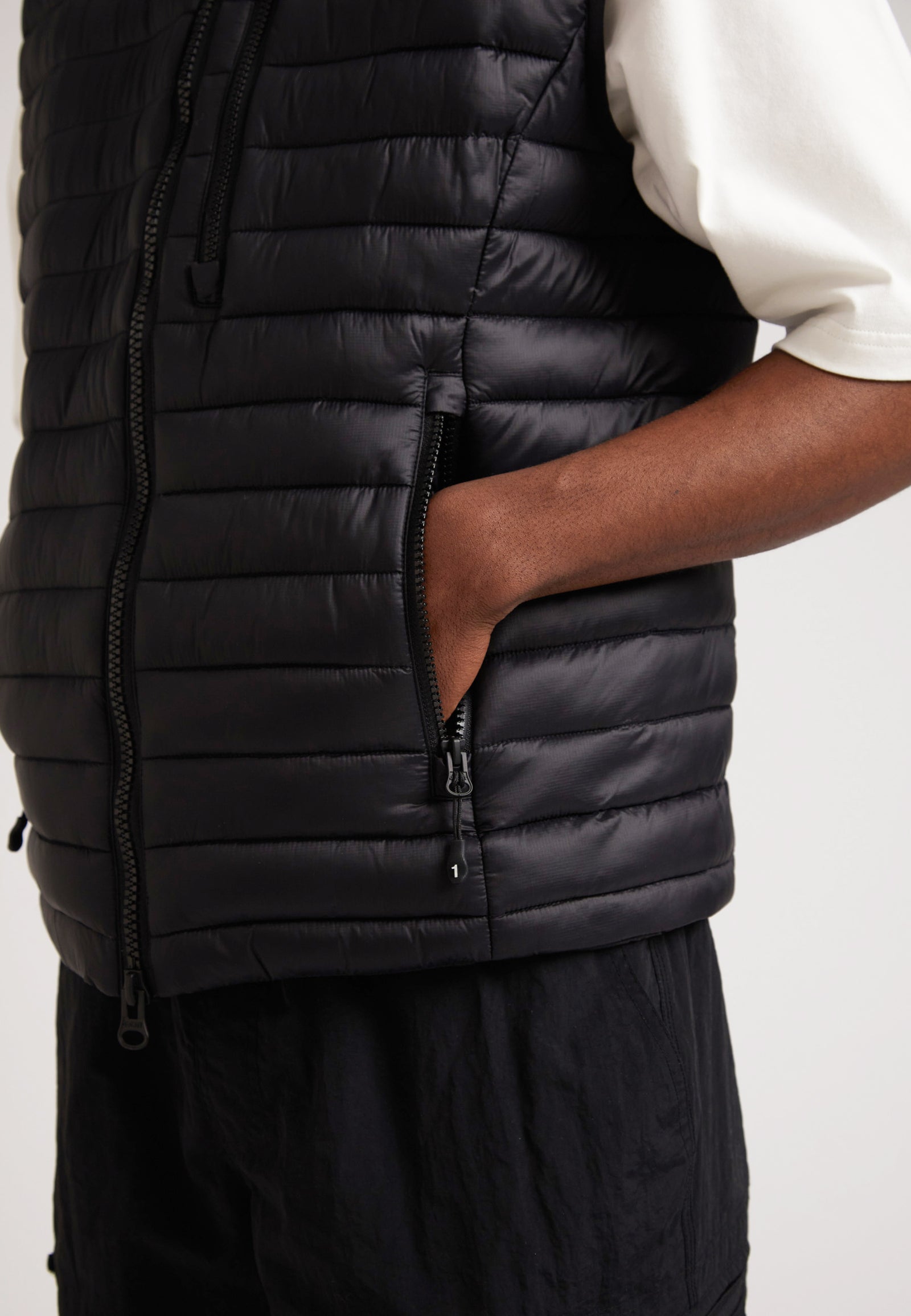 SATEL1TE Lightweight Puffer Gilet 2.0 Black close-up showing zip pocket and fashionable design details