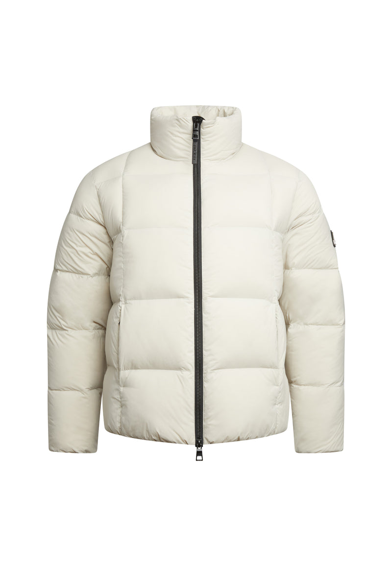 Cloud Lightweight Puffer Racer Jacket Stone in cream color with funnel neck and zipper front.