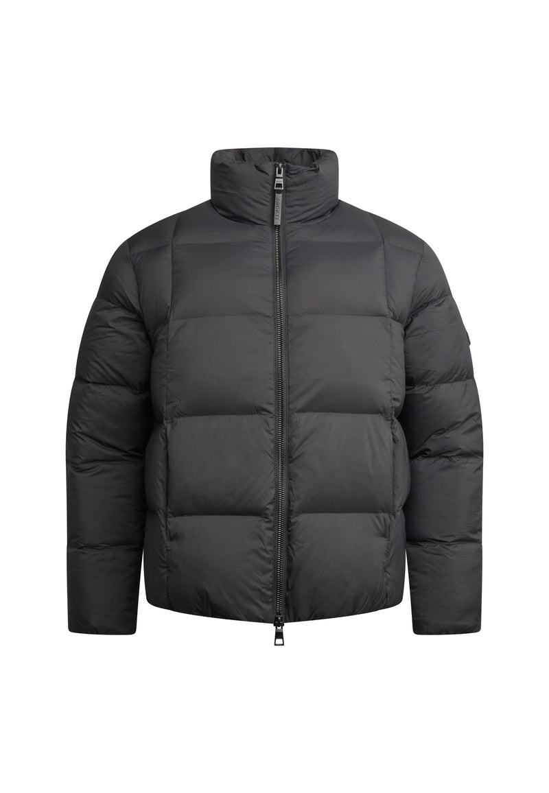Cloud Lightweight Puffer Racer Jacket Black front view showcasing its sleek design and insulation features.