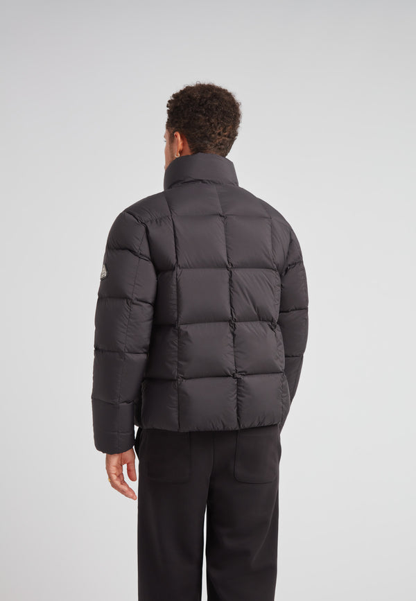 Cloud Lightweight Puffer Racer Jacket Black back view, showcasing its stylish and functional design.
