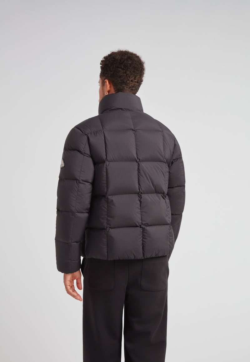 Cloud Lightweight Puffer Racer Jacket Black back view, showcasing its stylish and functional design.