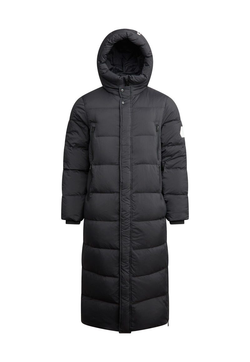 Nomad Mens Extra Long Puffer Coat in Black showcasing full-body winter protection and adjustable hood.