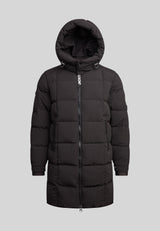 EZ Boxed Long Down Puffer Coat Matt Black front view with hood and zip closure