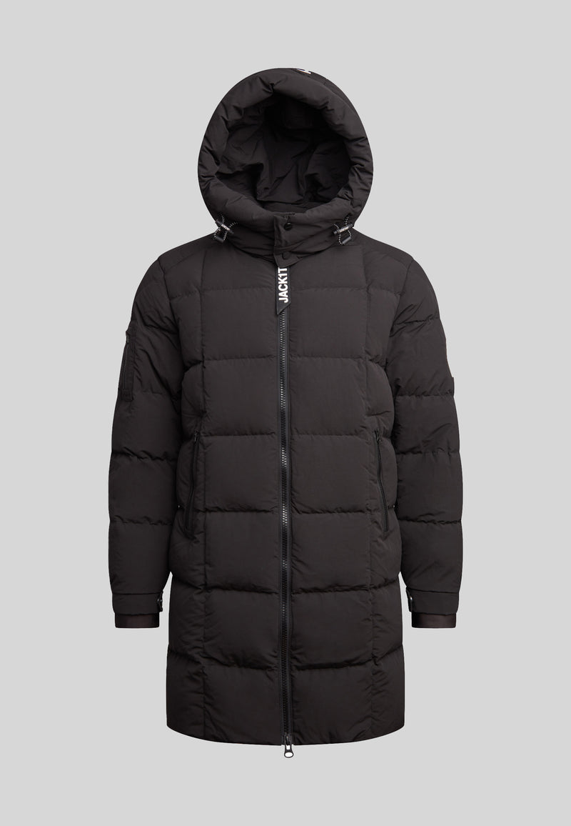 EZ Boxed Long Down Puffer Coat Matt Black front view with hood and zip closure