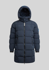 EZ Boxed Long Down Puffer Coat Matt Ink, navy blue puffer coat with adjustable hood and zip closure.