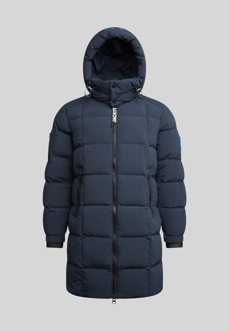 EZ Boxed Long Down Puffer Coat Matt Ink, navy blue puffer coat with adjustable hood and zip closure.