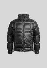 EZ Boxed Funnel Puffer Jacket Lux Black front view, showcasing sleek design and insulated fabric for winter warmth.