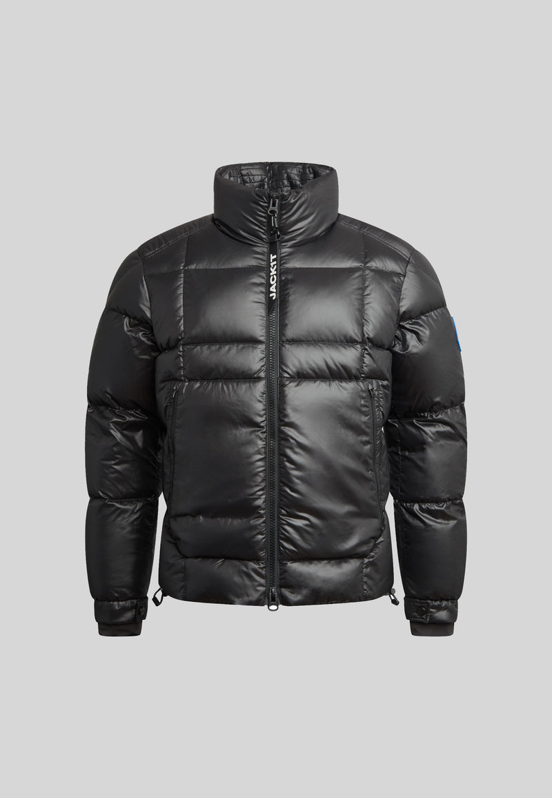 EZ Boxed Funnel Puffer Jacket Lux Black front view, showcasing sleek design and insulated fabric for winter warmth.