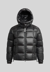 Front view of the EZ Boxed Puffer Racer Jacket Lux Black featuring a hood and puffy design.