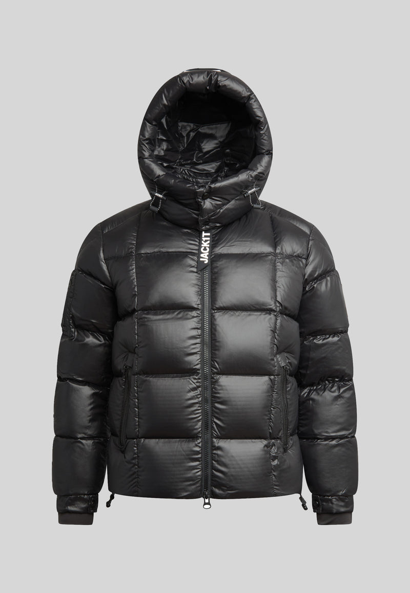 Front view of the EZ Boxed Puffer Racer Jacket Lux Black featuring a hood and puffy design.