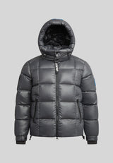 EZ Boxed Puffer Racer Jacket Lux Graphite displayed on a gray background with a hoodie and puffy design.