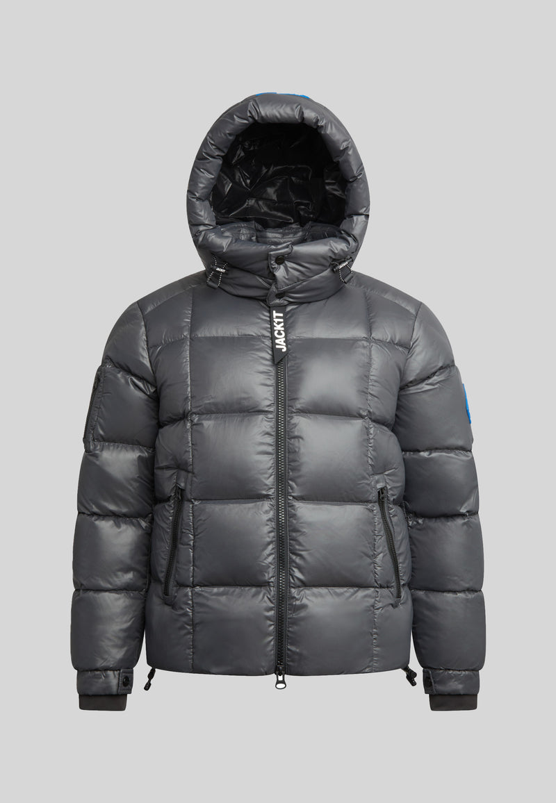EZ Boxed Puffer Racer Jacket Lux Graphite displayed on a gray background with a hoodie and puffy design.
