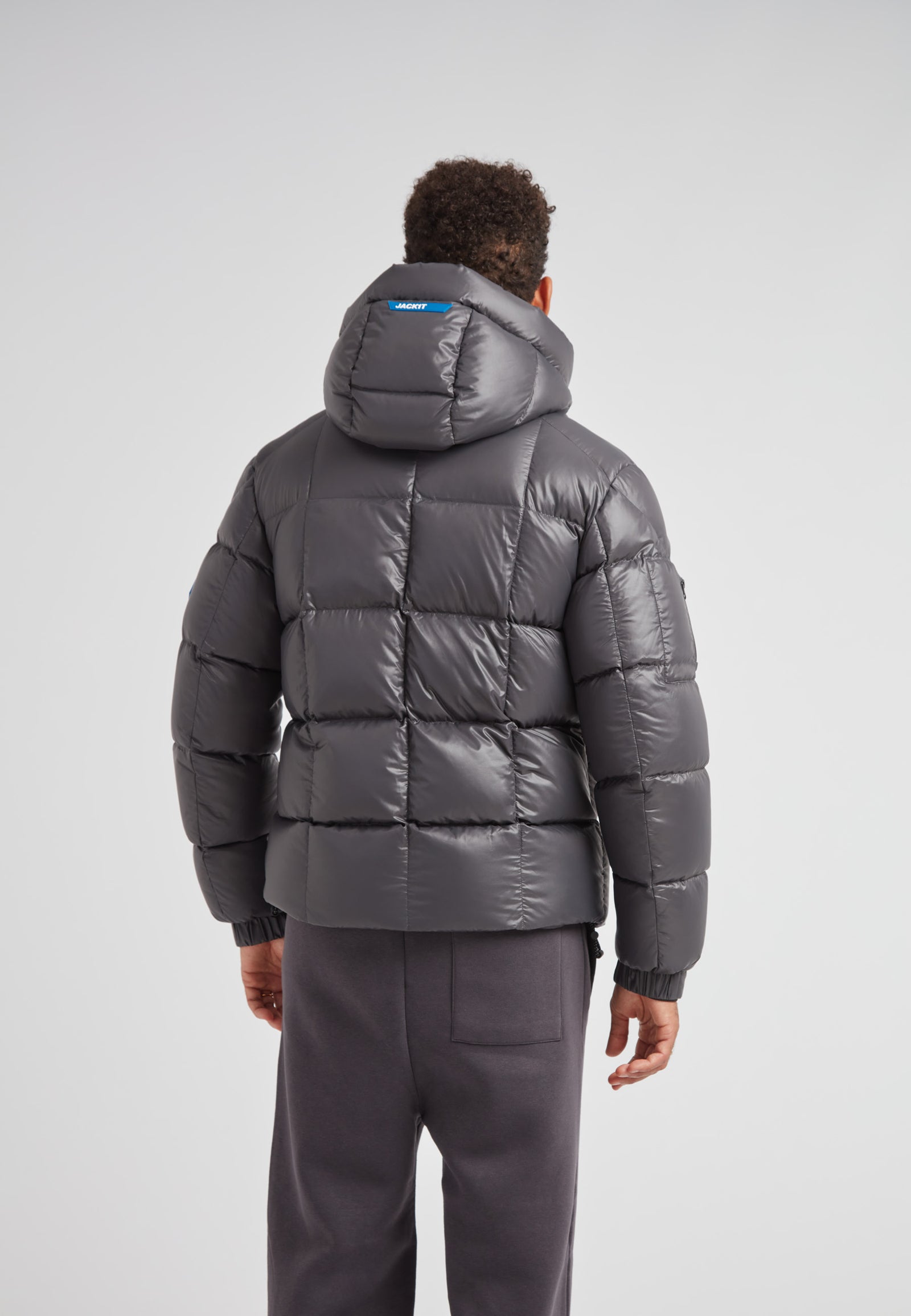 EZ Boxed Puffer Racer Jacket Lux Graphite, stylish men's puffer jacket with hood, warm and insulated.