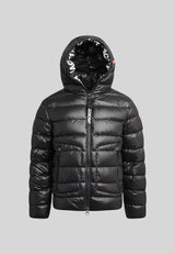 Mens R4D Tramline Puffer Racer Jacket Lux Black with hood, stylish technical outerwear in black