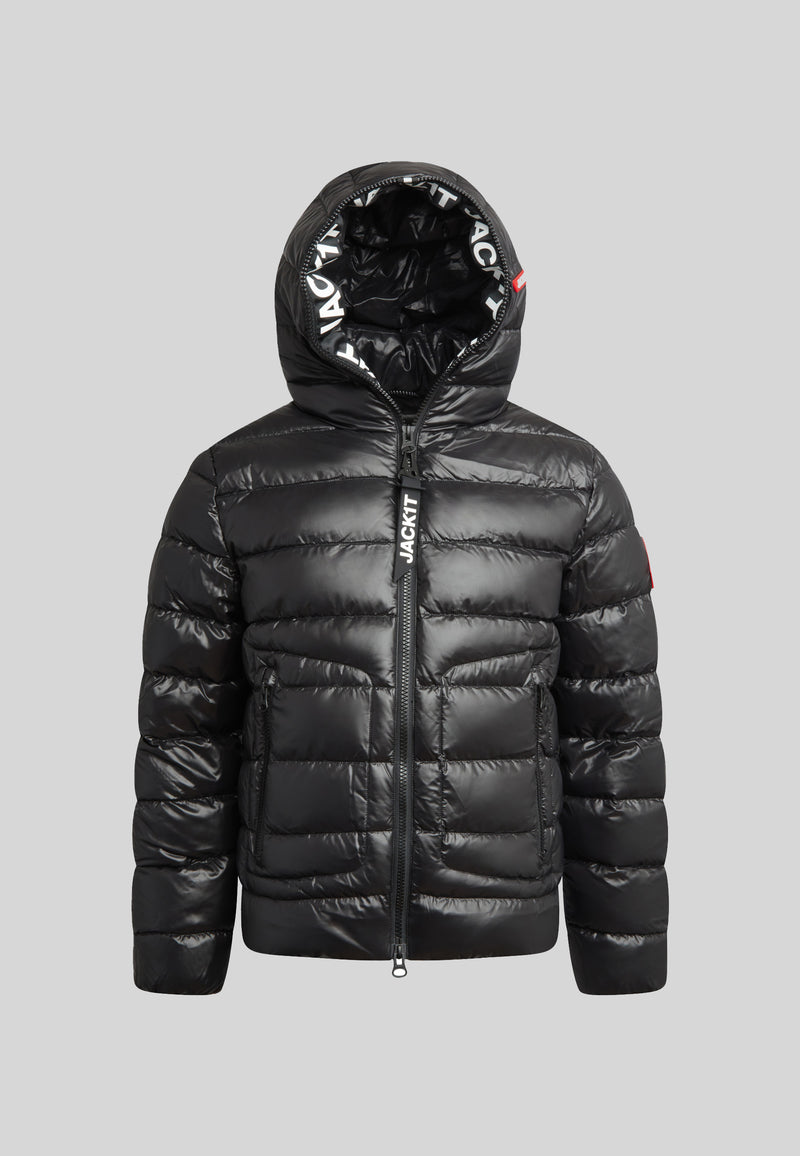 Mens R4D Tramline Puffer Racer Jacket Lux Black with hood, stylish technical outerwear in black