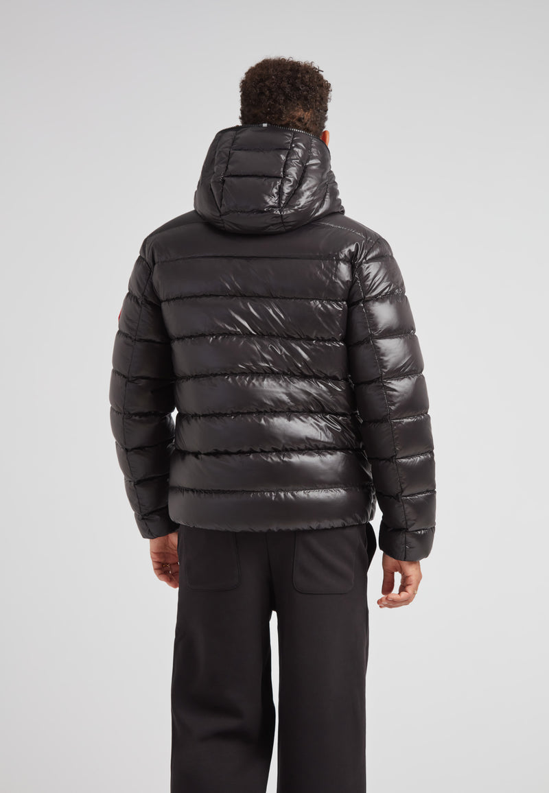 R4D Tramline Puffer Racer Jacket Lux Black seen from the back, showcasing its sleek design and hood.