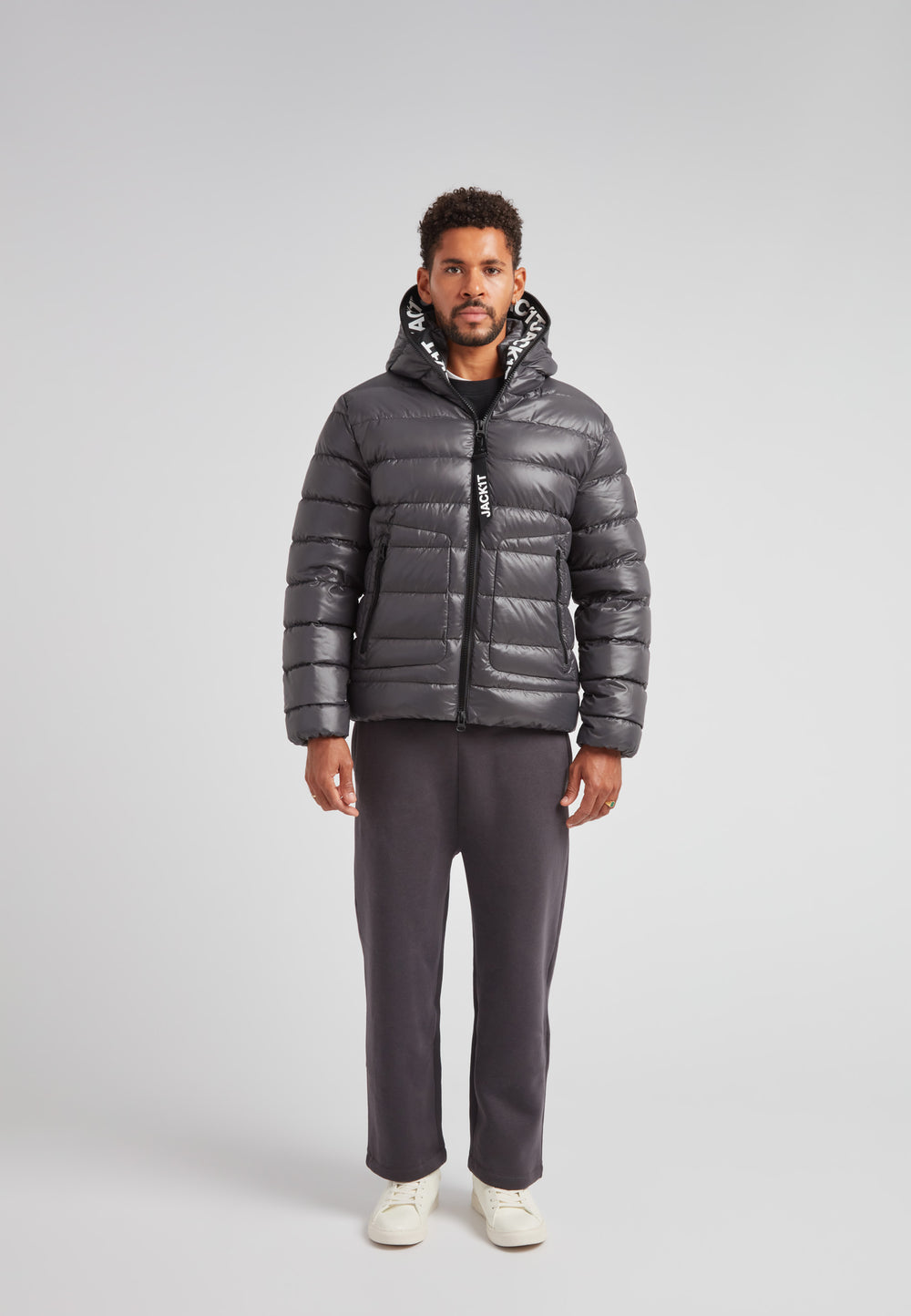 R4D Tramline Puffer Racer Jacket Lux Graphite worn by a model, showcasing its sleek design and comfort.