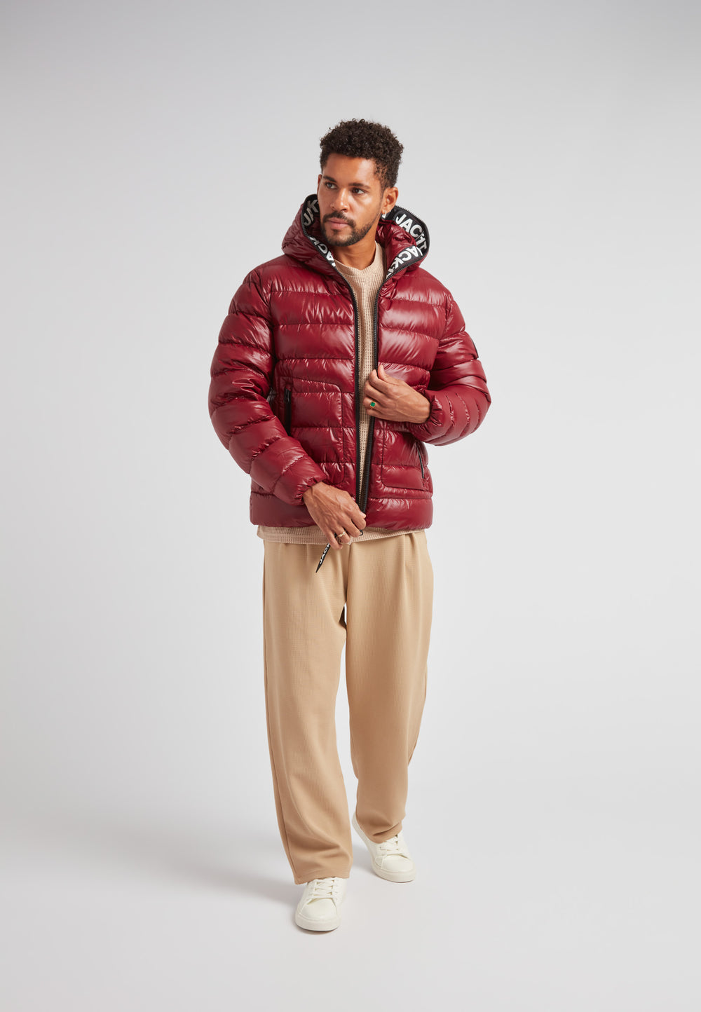 R4D Tramline Puffer Racer Jacket Lux Red showcased on a model in a stylish urban setting.