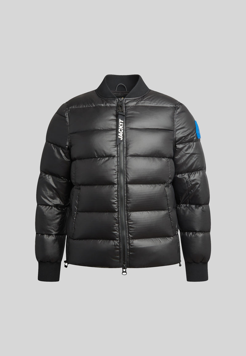 Vortex Bomber Jacket in matt black with padded design and blue detail for modern outerwear.