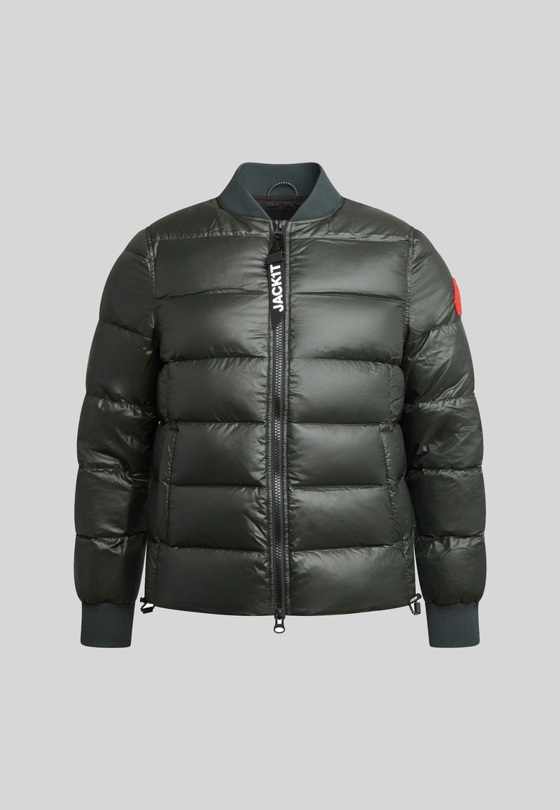 Vortex Bomber Jacket in matt olive showcasing a sleek design and durable water-resistant features.