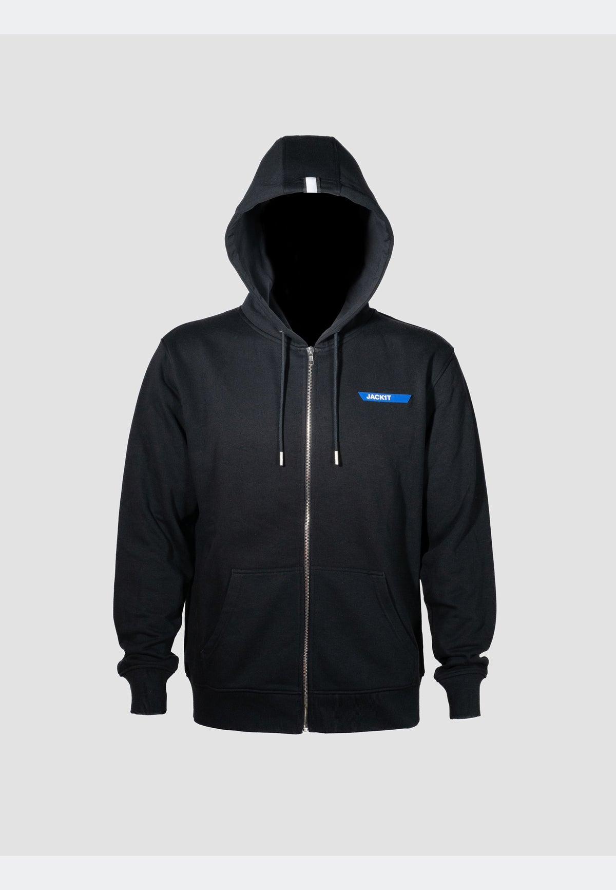 Black hoodie zip-through with full zip and brand detailing, perfect for everyday layering.