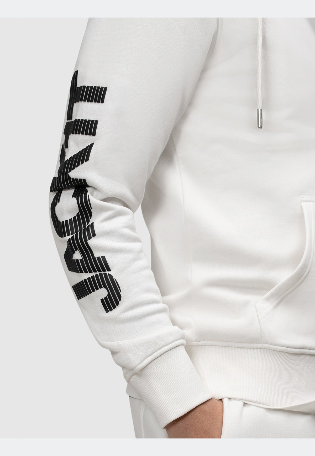 off white zip-through hoodie featuring a full zip and brand detailing on the sleeve.