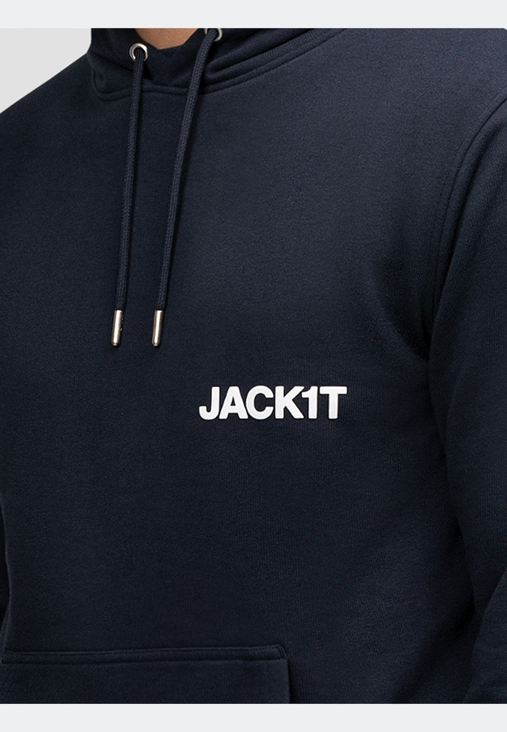 Close-up of navy hoodie featuring JACK1T logo on chest, crafted for comfort and style.