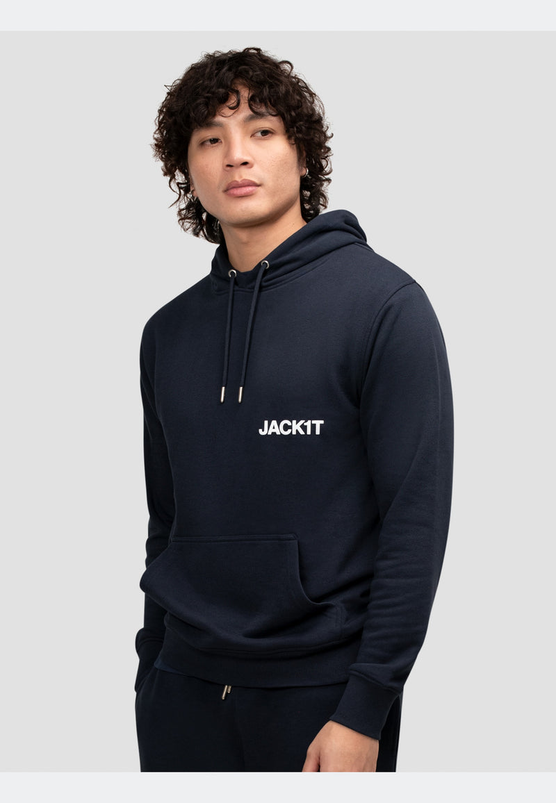 Navy hoodie featuring a classic hooded silhouette and stylish logo, ideal for relaxed everyday wear.