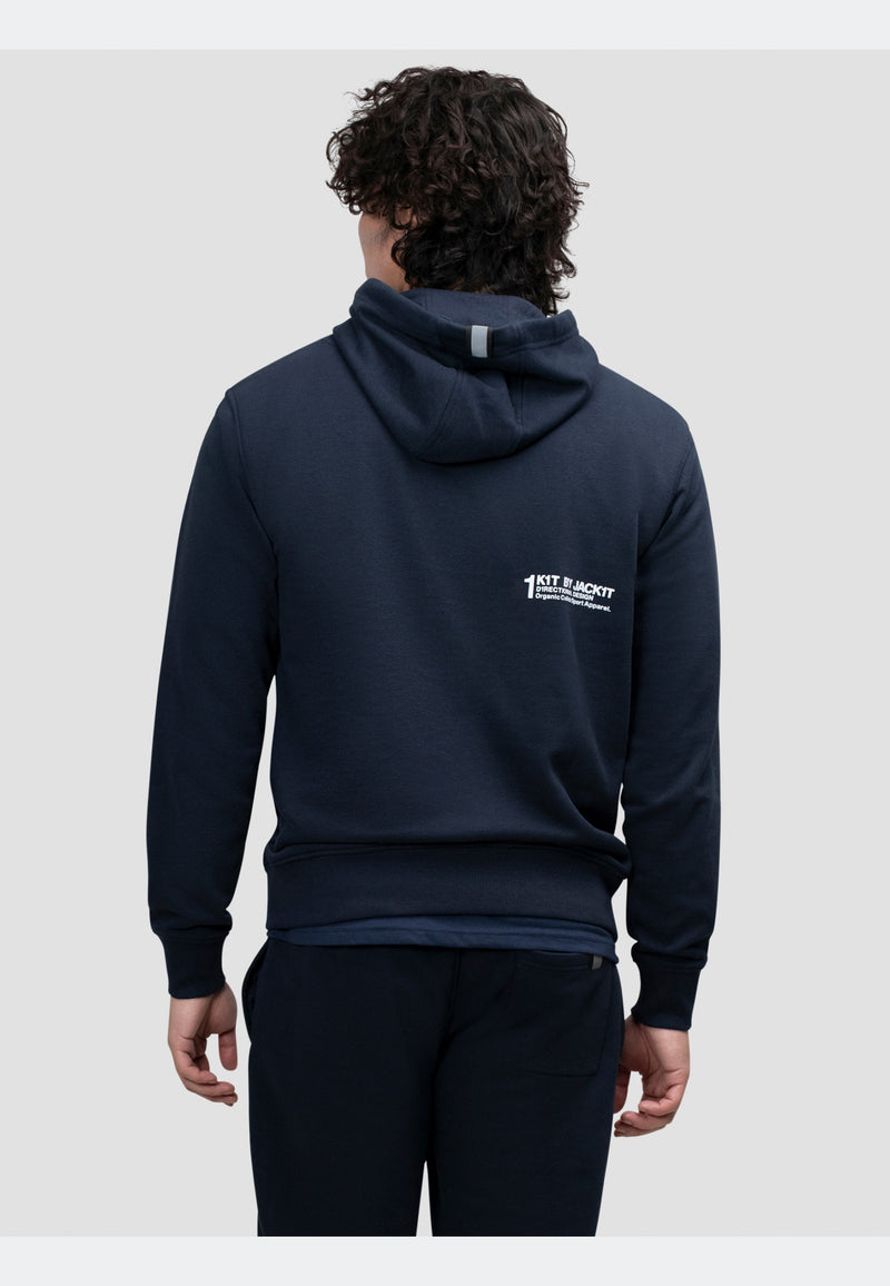 Back view of a person wearing a navy hoodie, showcasing its relaxed fit and hood detail.
