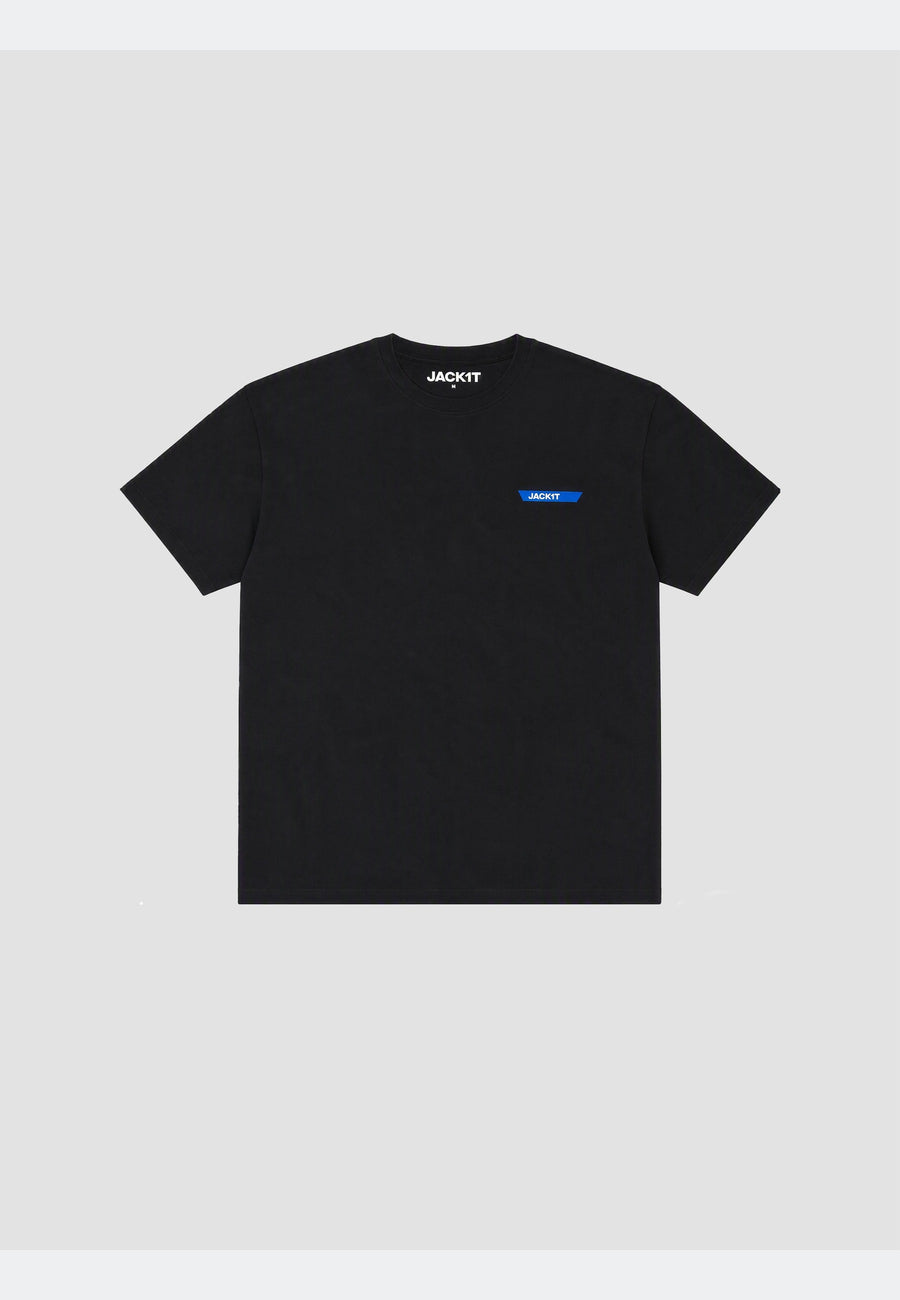 Men's black t-shirt with a stylish logo print on the chest, made from 100% cotton fabric.
