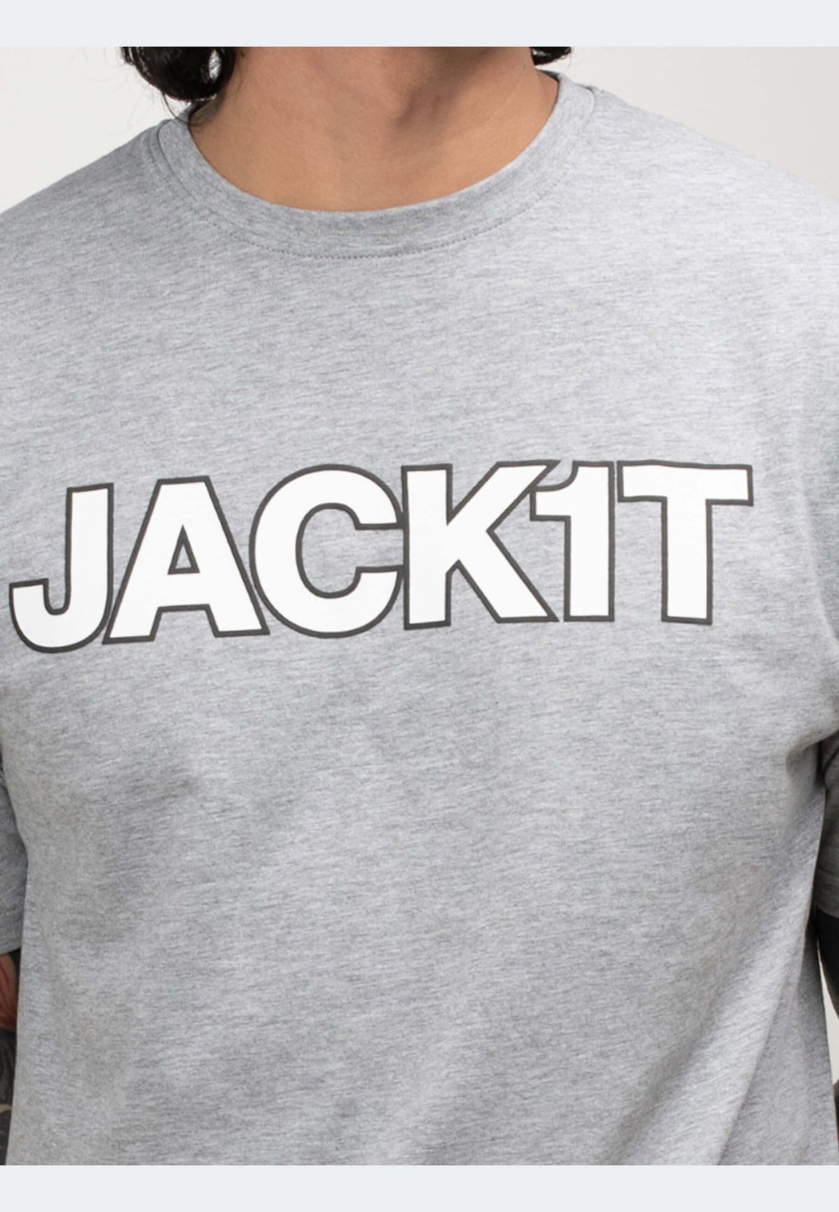Men wearing a grey t-shirt with the print 'JACK1T' in bold letters on the chest.