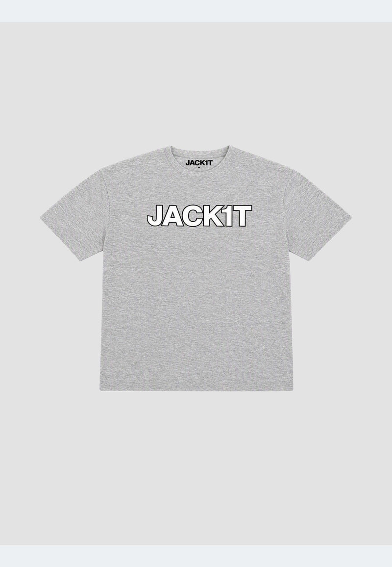 Men's grey t-shirt with JACKIT graphic on the front, made from lightweight cotton.