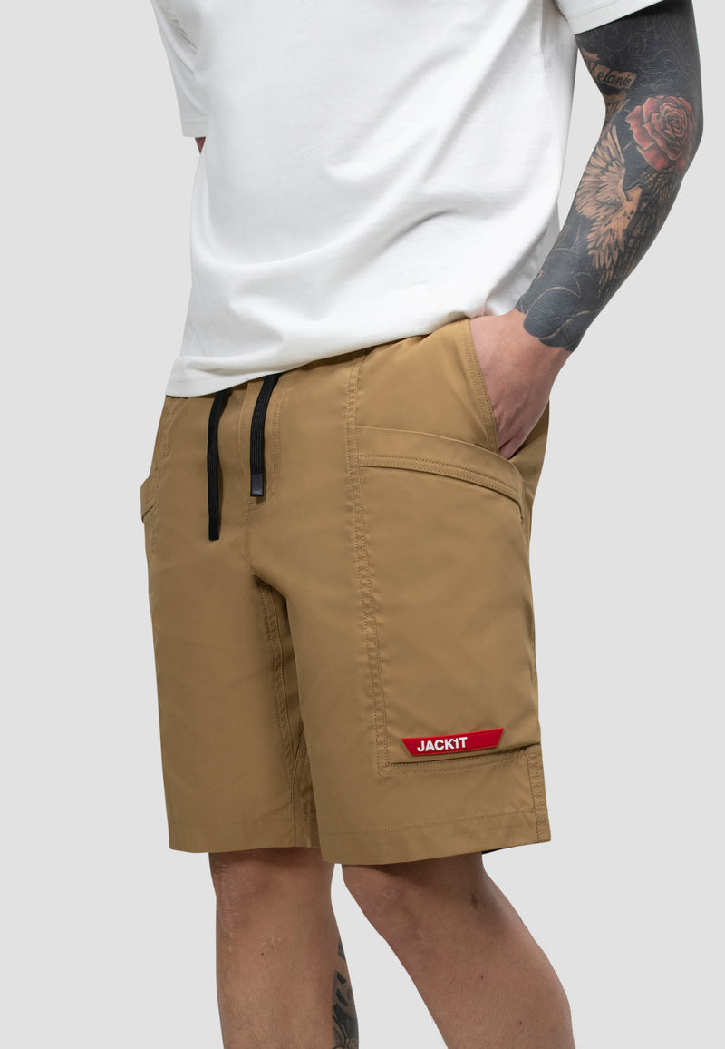 Men's sand summer shorts featuring an elastic waist, relaxed fit, perfect for warm-weather and travel.