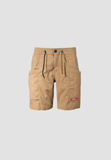 Men's sand summer shorts featuring a relaxed fit, elastic waist, and cargo pockets in a light sand color.