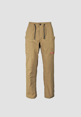 Men's sand cargo trousers with elastic waist, relaxed fit, and adjustable drawstrings, perfect for casual wear and travel.