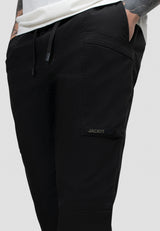Men's black cargo trousers with elastic waist and relaxed fit, perfect for everyday wear and travel.