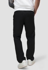Men's black cargo trousers showing a relaxed fit and elasticated waistband from the back, ideal for casual wear.