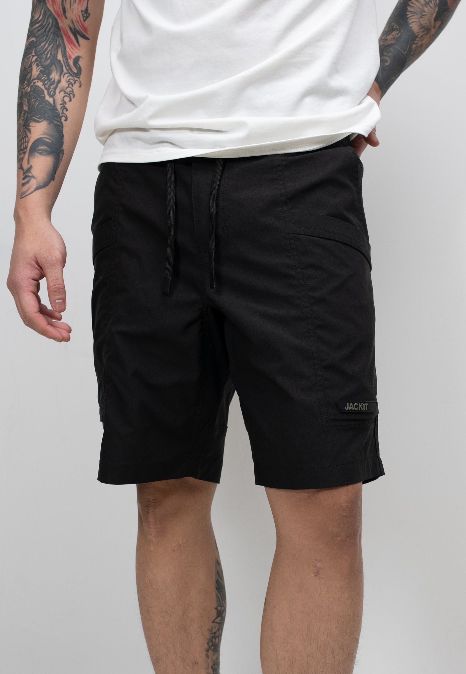Men's black summer shorts with elastic waist, relaxed fit, perfect for warm weather and travel.