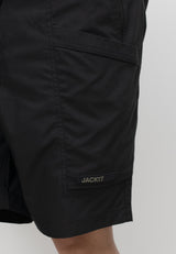 men's black summer shorts with pockets and JACKIT label, designed for lightweight comfort and relaxed fit.