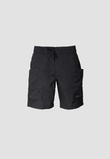 men's black summer shorts featuring an elastic waist and relaxed fit, perfect for warm-weather comfort and travel.