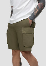 men's olive cargo shorts showcasing relaxed fit and utility pockets, ideal for summer and travel.