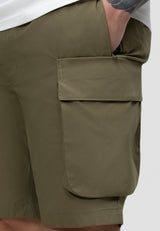 Men's olive cargo shorts with utility pockets and a relaxed fit for summer activities.