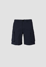 Lightweight men's navy cargo shorts with elasticated waist and utility pockets.