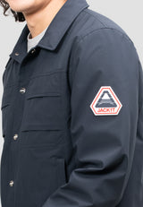 Mens Navy Shirt Jacket featuring lightweight fabric and unique logo detail on sleeve.
