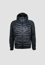 Mens Hybrid Black Hooded Jacket with lightweight water-resistant fabric and fleece-backed sleeves.