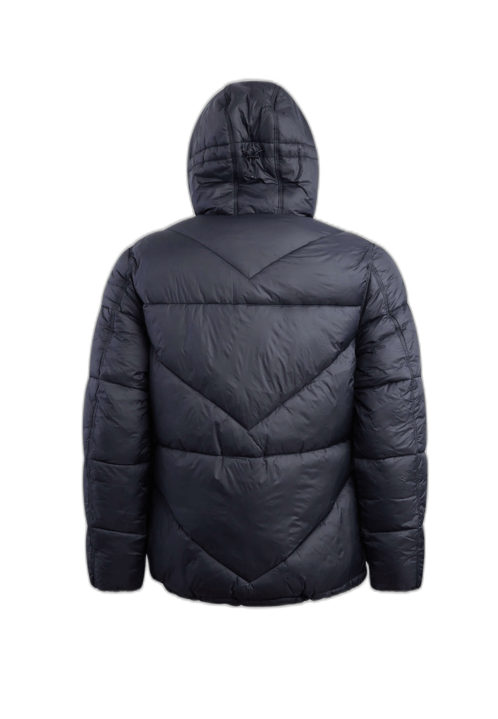 Back view of mens black puffer jacket featuring a structured fit and grown-on hood.