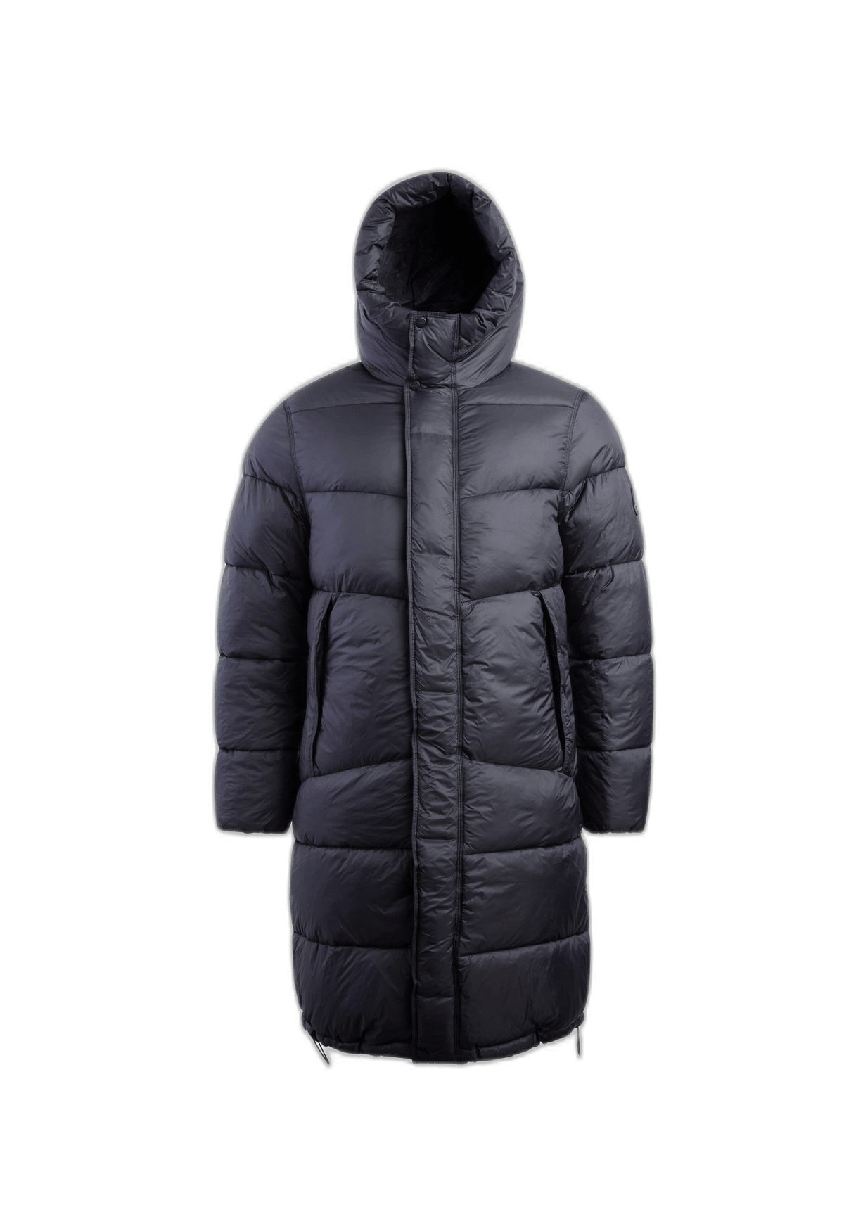 Long Puffer Coat Mens in black color, featuring a full-length design and hood for maximum warmth and coverage.