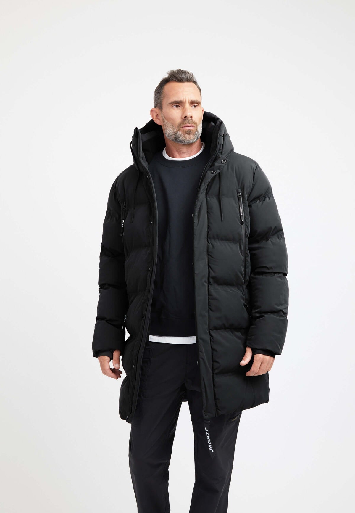 Supremo Coat Black on model front view by JACK1T