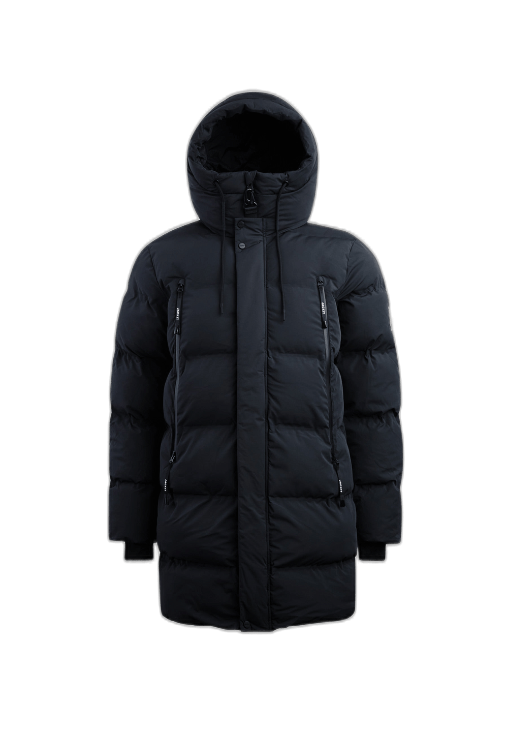 Supremo Coat Black, short puffer coat with structured silhouette and waterproof zip pockets.