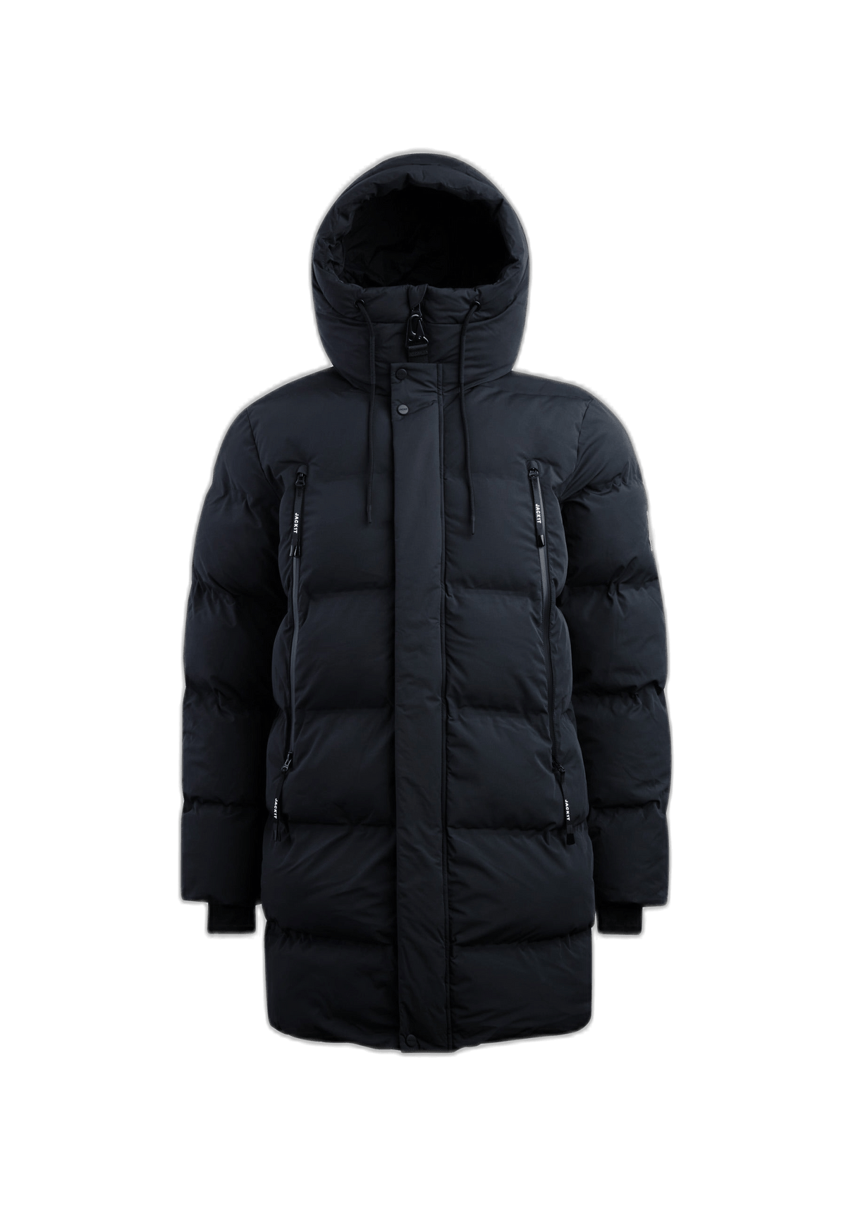 Supremo Coat Black, short puffer coat with structured silhouette and waterproof zip pockets.